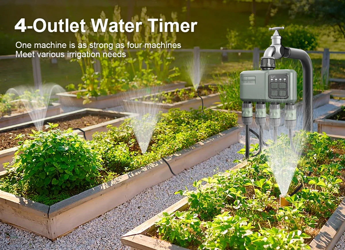 4 Outlet Programmable Water Timer for Garden Hose, with Rain Delay/Automatic Watering System, Digital Irrigation for Yard, Lawn