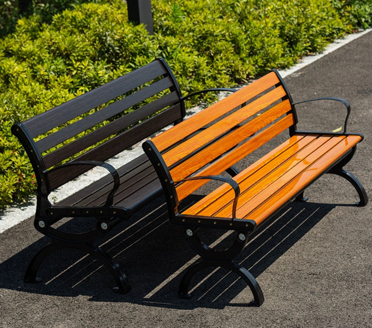 Classic Outdoor Wooden Bench with Durable Cast Iron Frame Weatherproof Garden Park Public Seating for Patio Lawn Landscape Decor