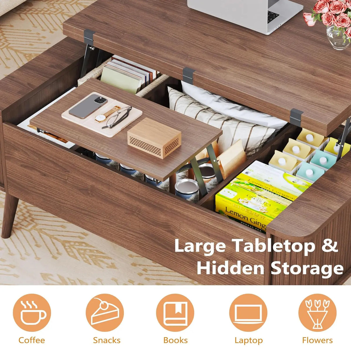 Lift Top Coffee Table, 40" Square with 3 Hidden Compartments, Table Converts to Dining Table for  Home , , Customized
