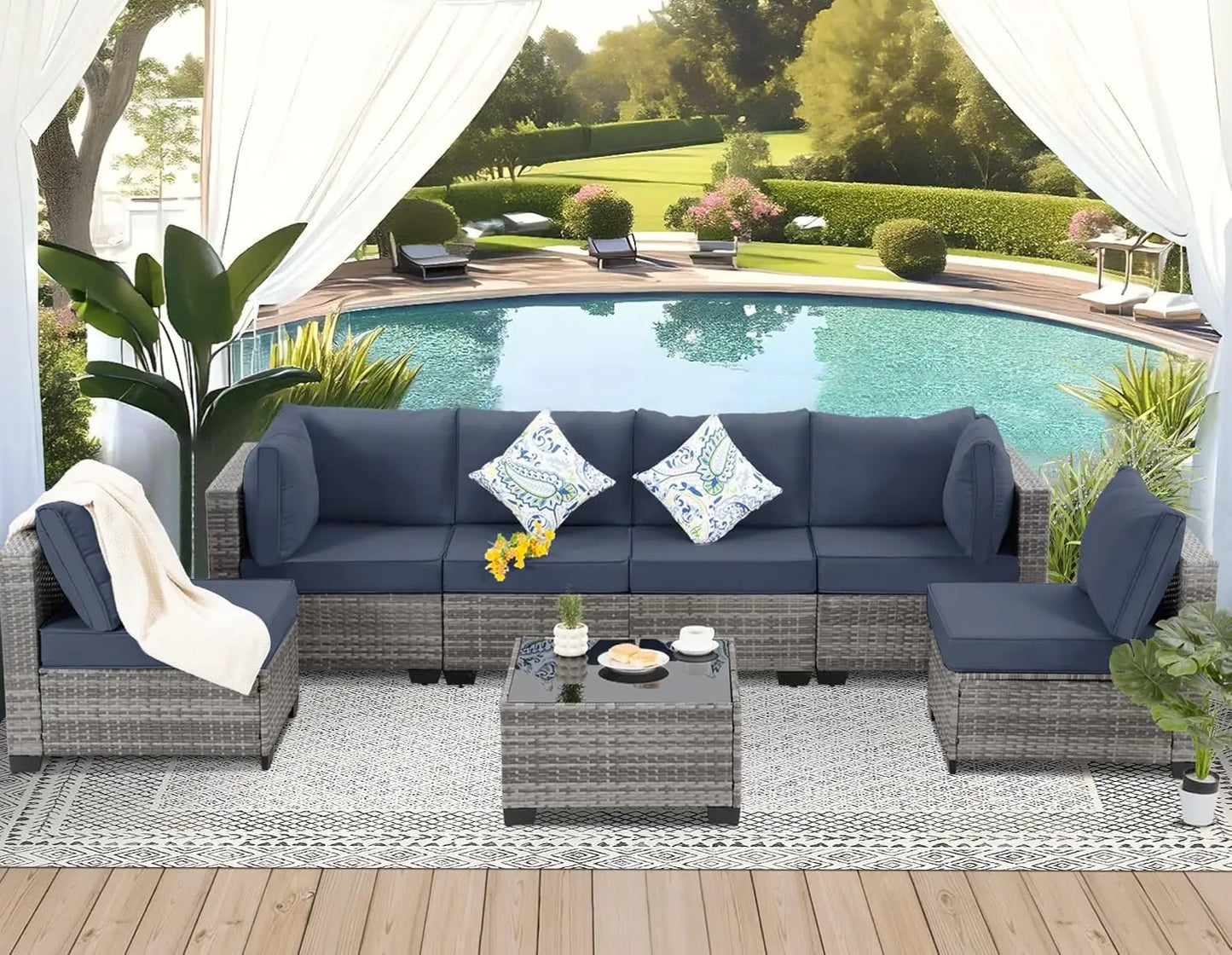 7-Piece Outdoor Wicker Sectional Sofa Set, Patio Garden Furniture, PE Rattan, Customized