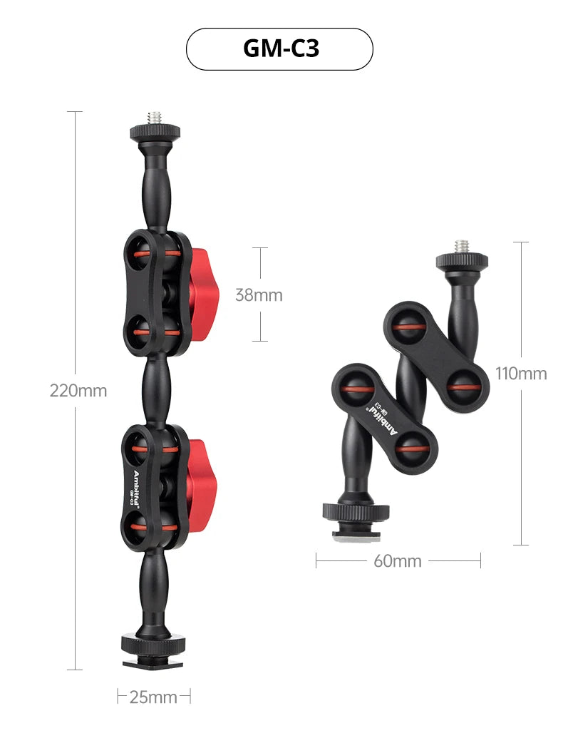AMBITFUL 360° Double Ballhead Magic Arm With Super Clamp Kit 1/4" Screw Ball Head Adapter For Monitor LED Light Camera