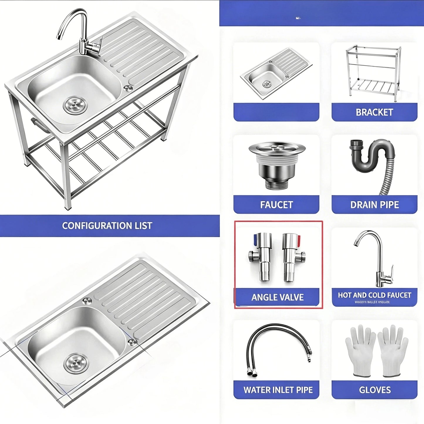 Utility Sink Set Freestanding Single Bowl Laundry Sink Commercial Restaurant Kitchen Outdoor Sink with Workbench Faucet Storage