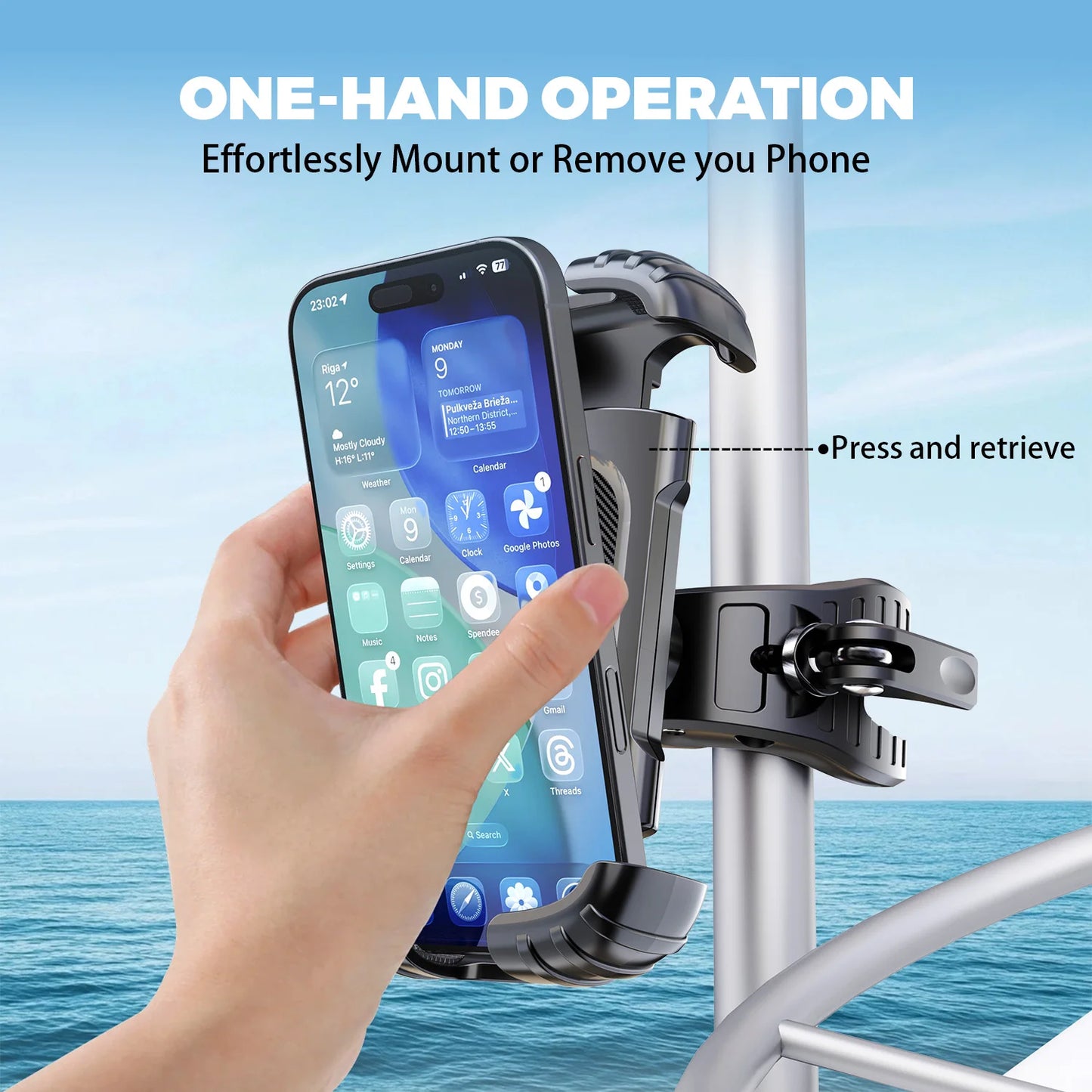 LRBH Marine Phone Mount, Crocodile Clip Arm Boat Holder, Quick Lock 360° Rotation, Shockproof Scratch-Free, Fits 4.7-7.2" Phones