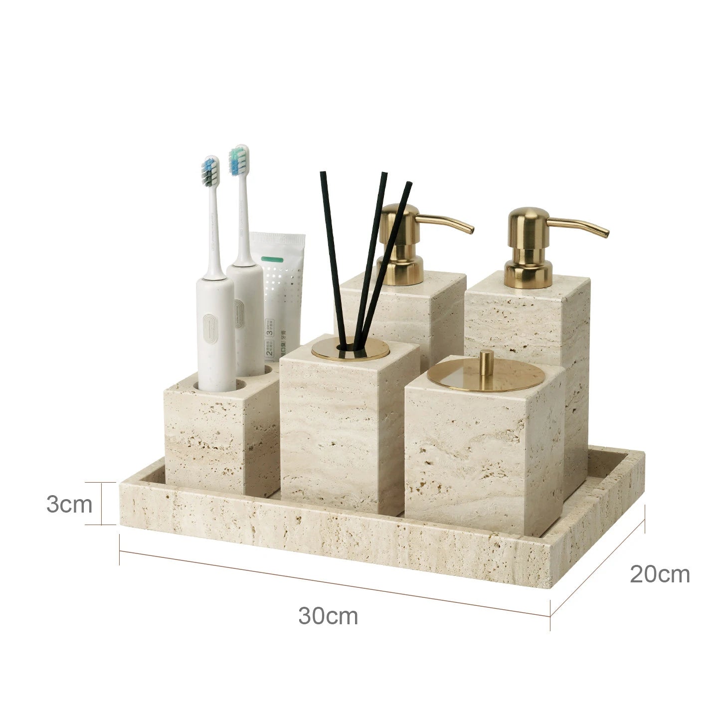 Travertine Bathroom Accessories Set Luxury Soap Dish Soap Dispenser Reed Diffuser Tissue Box Tray Bathroom Set