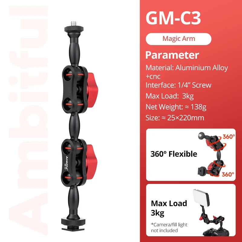 AMBITFUL 360° Double Ballhead Magic Arm With Super Clamp Kit 1/4" Screw Ball Head Adapter For Monitor LED Light Camera