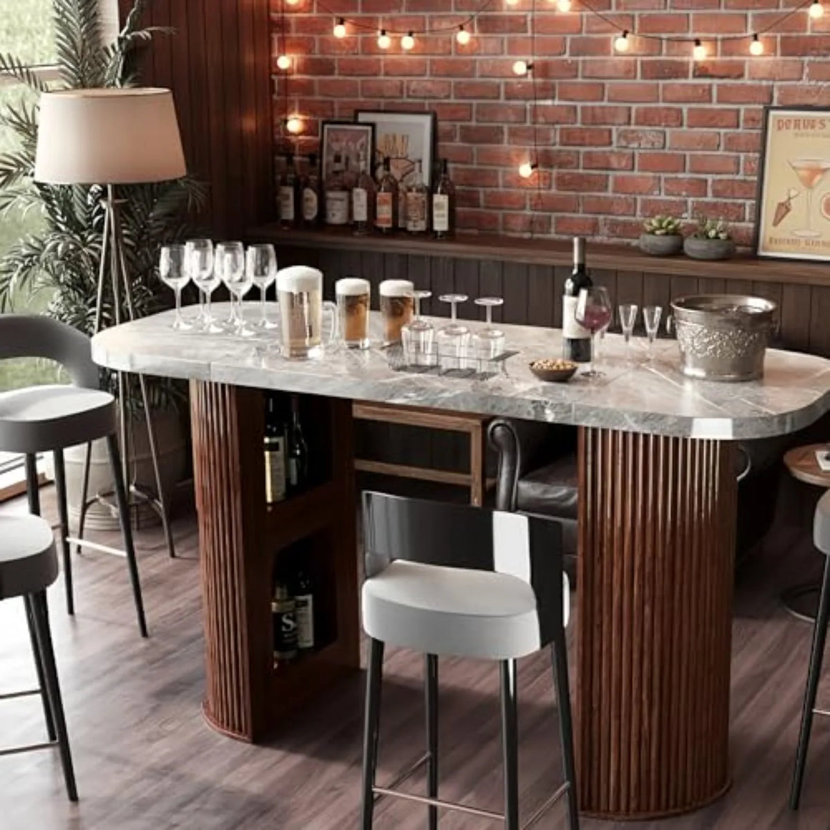 Fluted Counter Height Bar Table, 64in Home Bar Unit, High Top Table 2-6 Person Counter with Storage Marble Finish Tall