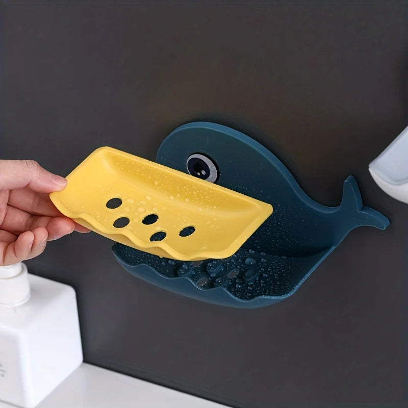 2 Pcs No-Drill Adhesive Soap Dish, Creative Whale-Shaped Soap Holder with Drainage for Bathroom & Showera