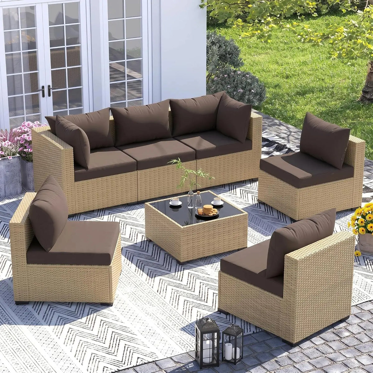 7-Piece Wicker Patio Furniture Set Non-Slip Cushion Outdoor Garden Balcony, Customized