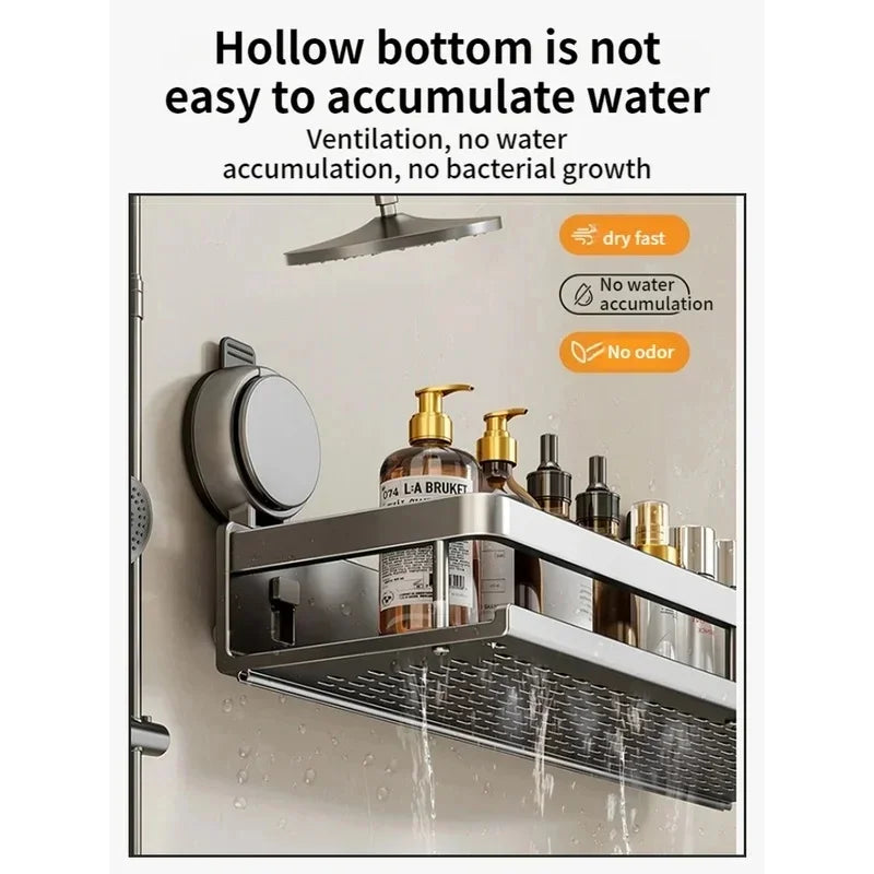 No Drill Bathroom Shelf with Suction Cup Waterproof Aluminum Storage Rack Shower Organizer for Shampoo Soap Toiletries