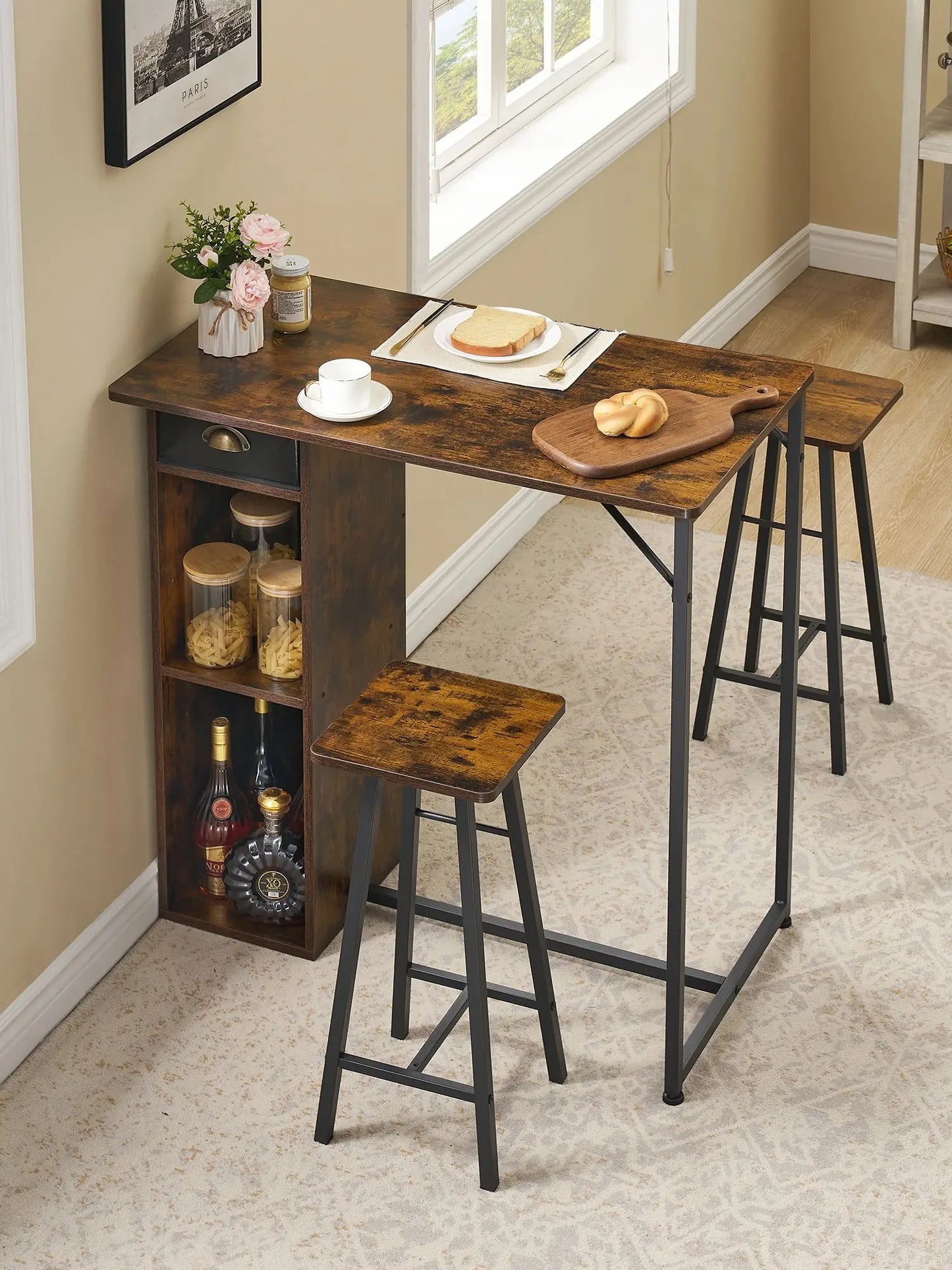 Versatile 3 Piece Dining Table Set with Storage Drawer & 3-Tier Shelf,Counter Height Table and 2 Barstools,Space-Saving