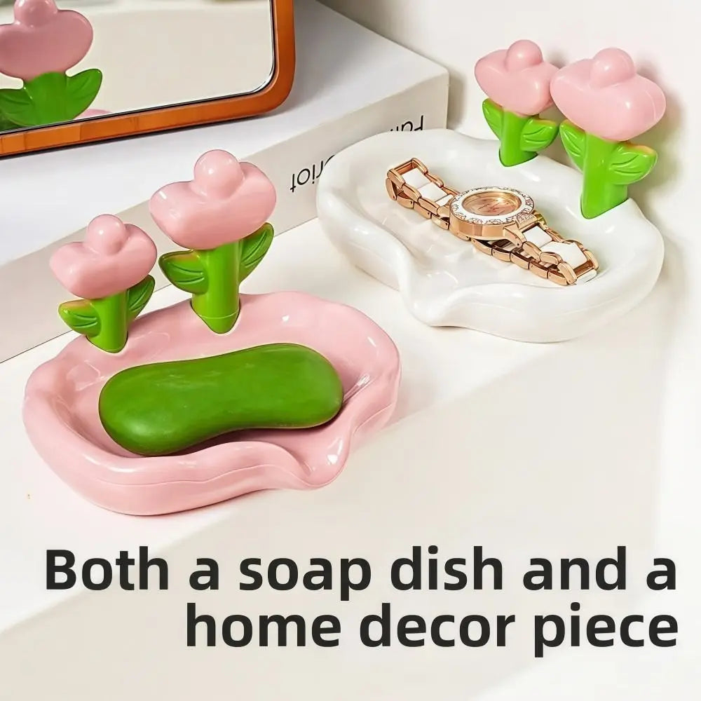Tulip Design Drain Soap Dish No Drilling Required with Drainage Trough Soap Tray Solid Color Anti-slip Soap Storage Rack