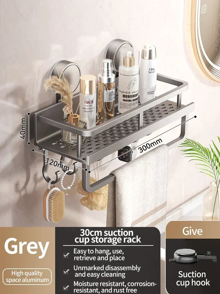 No Drill Bathroom Shelf with Suction Cup Waterproof Aluminum Storage Rack Shower Organizer for Shampoo Soap Toiletries
