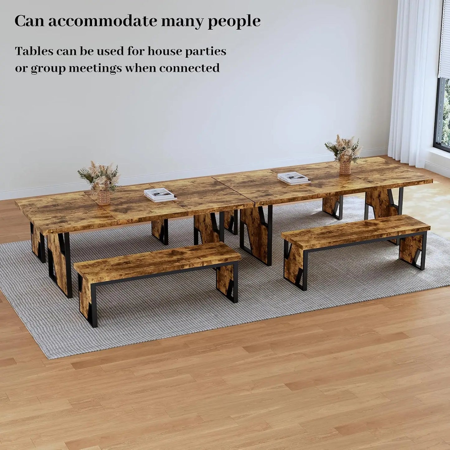 70.8" Wooden Dining Table with 2 Benches, Modern Set for 4-6 Person, Thickened  Table with Bench for Dining Room, Kitchen