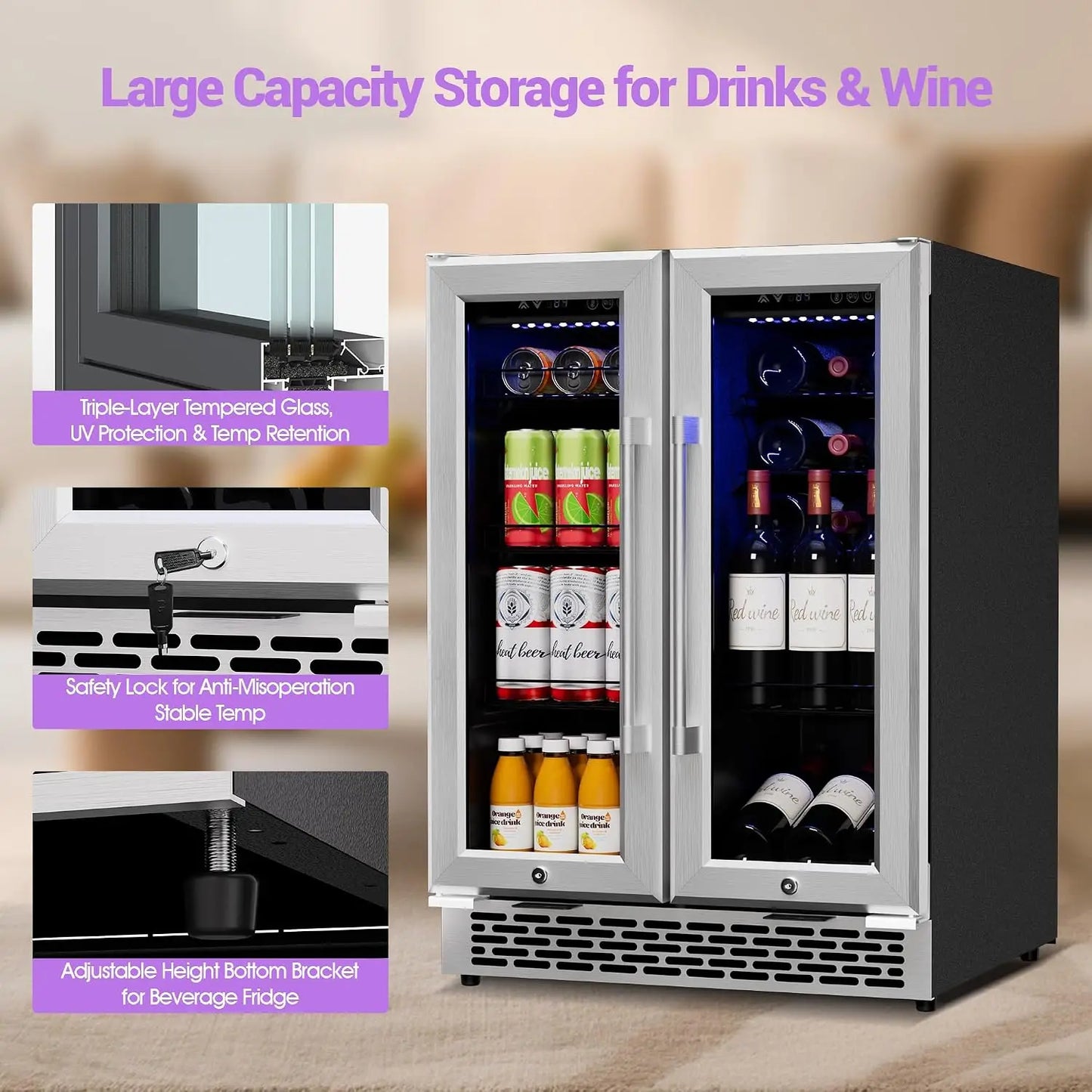 24 Inch 5.2 Cu.Ft Dual Zone Wine and Beverage Refrigerator With Glass Door | Built-in & Freestanding Beverage, Customized