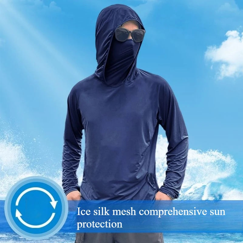 Summer Men's Hooded Sunscreen Clothing Long Sleeves Ultra-thin Ice Silk Coolchill Fabric Outdoor Cycling Fishing Mesh Pullover WardBoyzPROShop