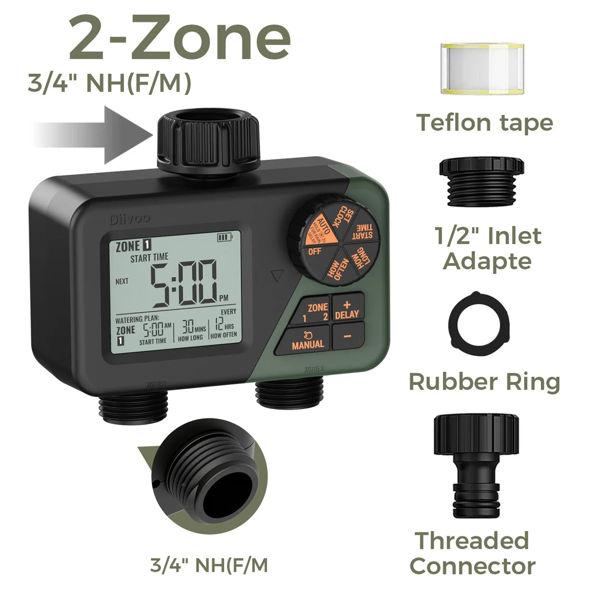 Diivoo Garden Water Timer 3 Zone Programmable Automatic Irrigation Timer with Rain Delay Manual/Auto Mode Watering for Lawn Yard
