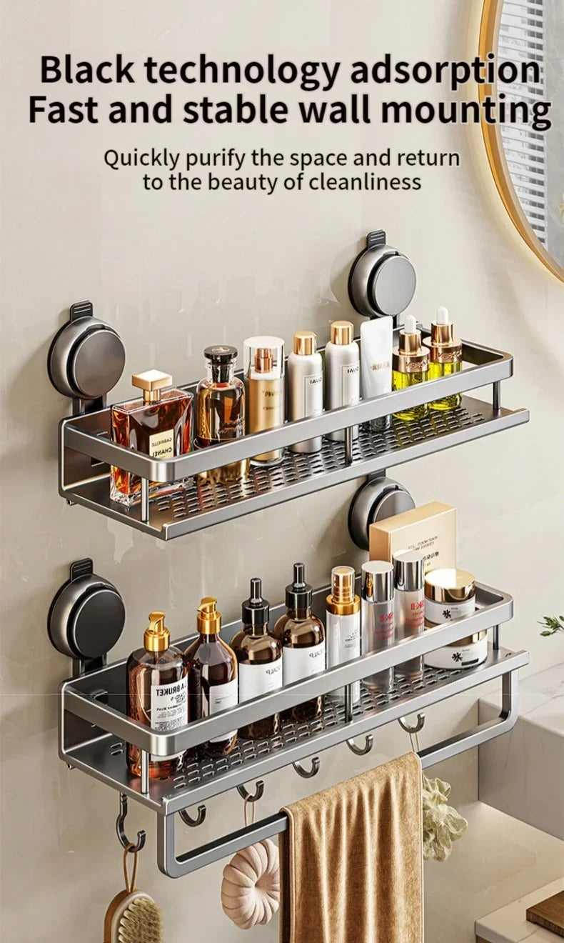 No Drill Bathroom Shelf with Suction Cup Waterproof Aluminum Storage Rack Shower Organizer for Shampoo Soap Toiletries