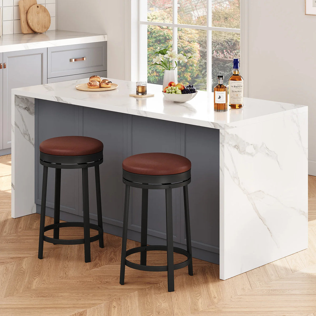 24'' Swivel Bar Stools Backless Modern Counter Height Barstools with PU Leather Upholstered and Metal Frame for Kitchen Island