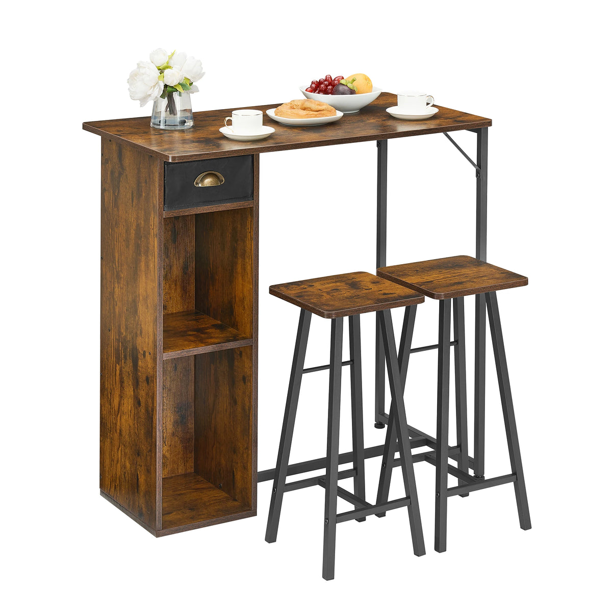 Versatile 3 Piece Dining Table Set with Storage Drawer & 3-Tier Shelf,Counter Height Table and 2 Barstools,Space-Saving
