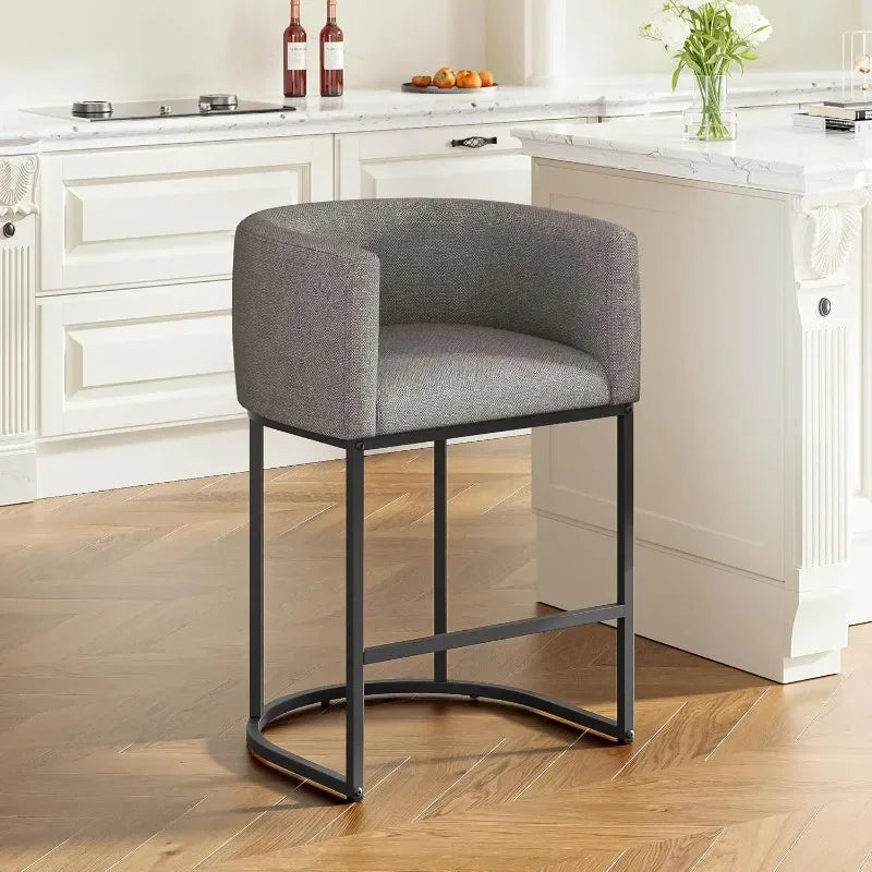 26" H Counter Height Bar Stools Modern Barrel Counter Stools with Backrest and Arms, Linen Fabric Upholstered Accent Barstools