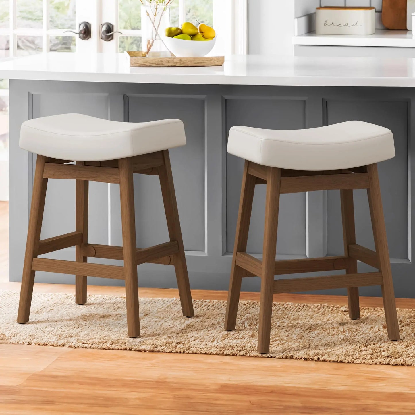 Bar Stools Set of 3 Barstools with Sturdy Wood Legs Saddle Seat Counter Height Bar Stools for Kitchen Counter Bar Dining 24