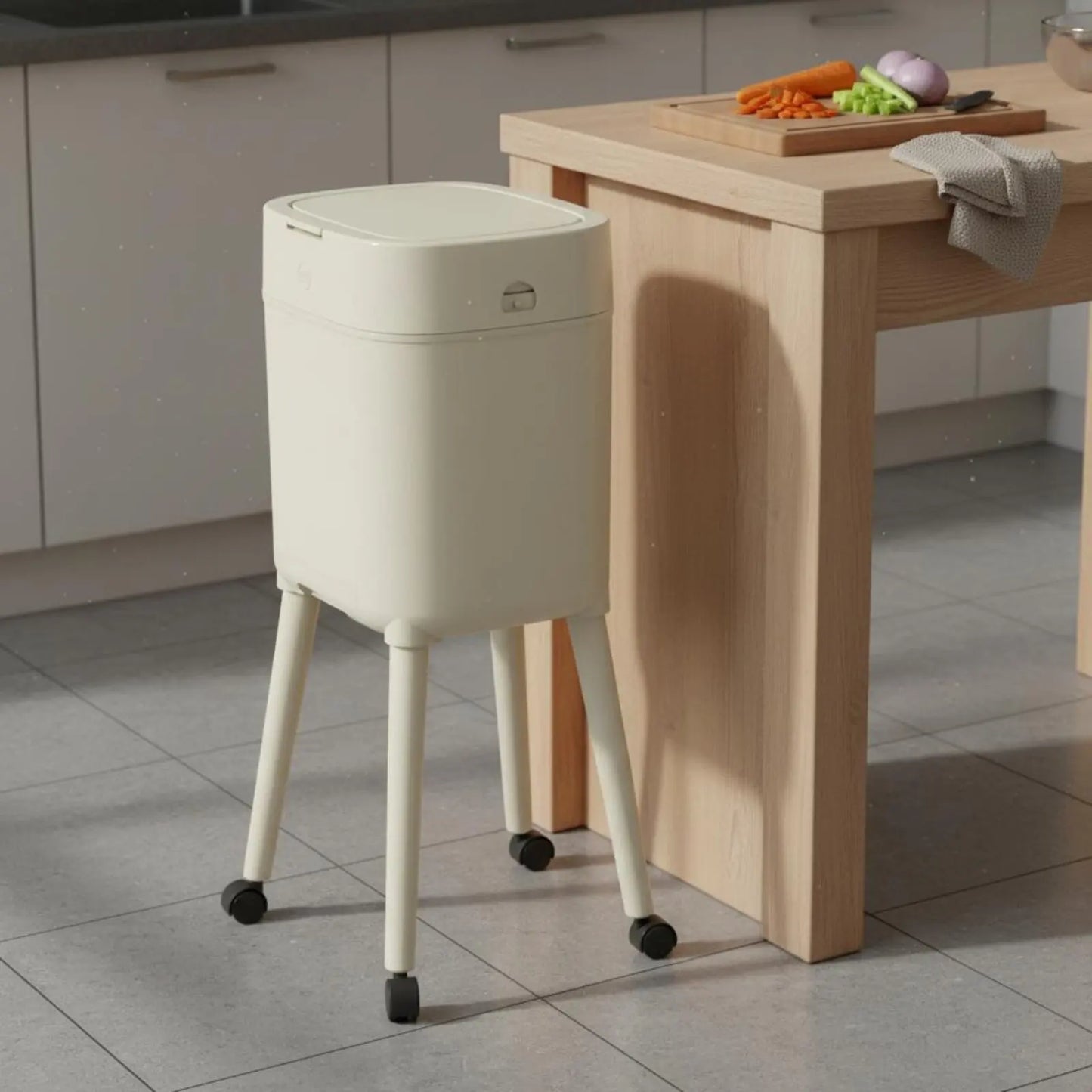 Tall Trash Can with Legs No-Bend Design Elevated Garbage Can on Wheels Rolling Waste Bin with Lid Large Capacity for Living Room