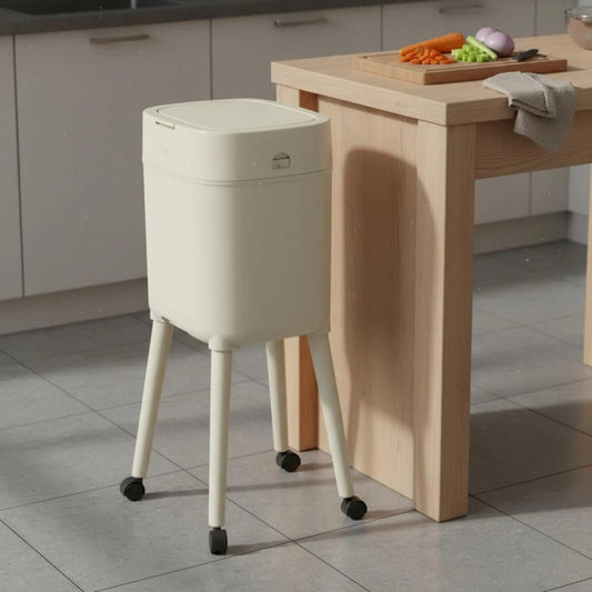 Tall Trash Can with Legs No-Bend Design Elevated Garbage Can on Wheels Rolling Waste Bin with Lid Large Capacity for Living Room