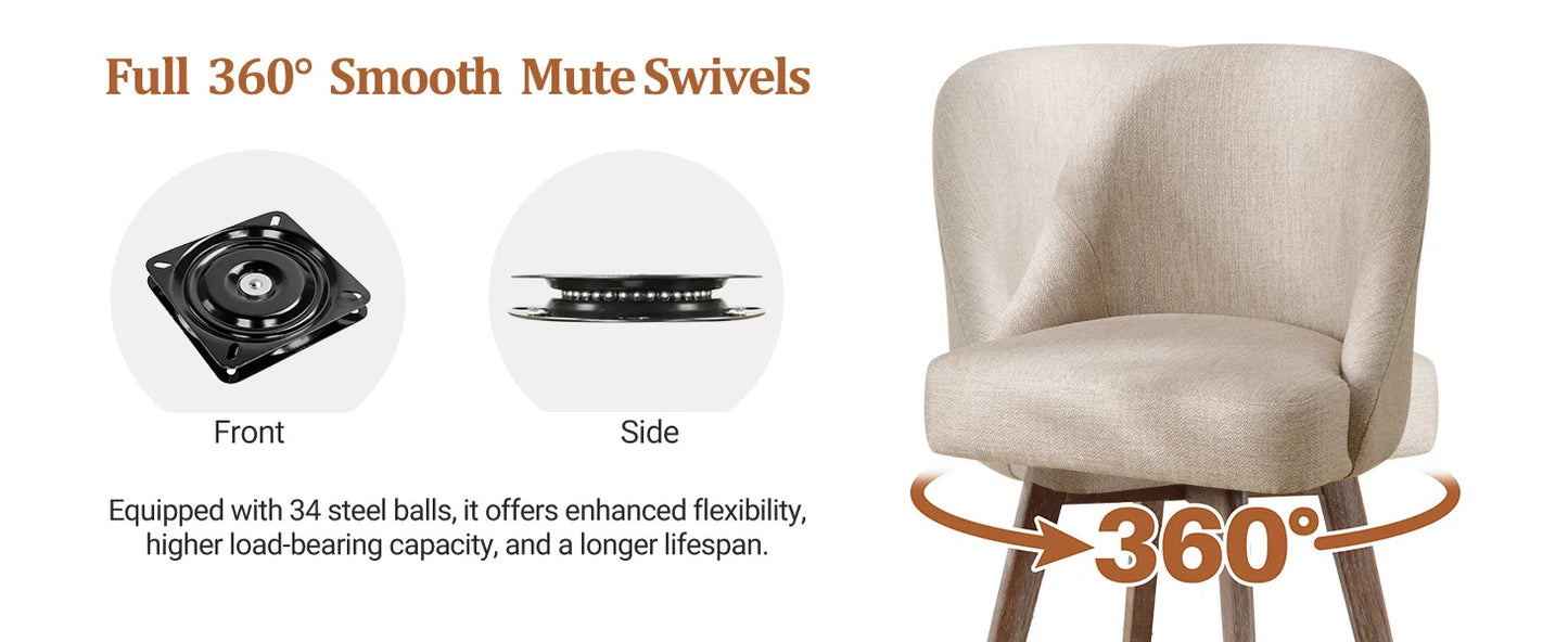 Bekrvio Counter Height Bar Stools Set of 3, Modern Mid-Century Swivel Barstools with Backs and Wood Legs, Linen Fabric