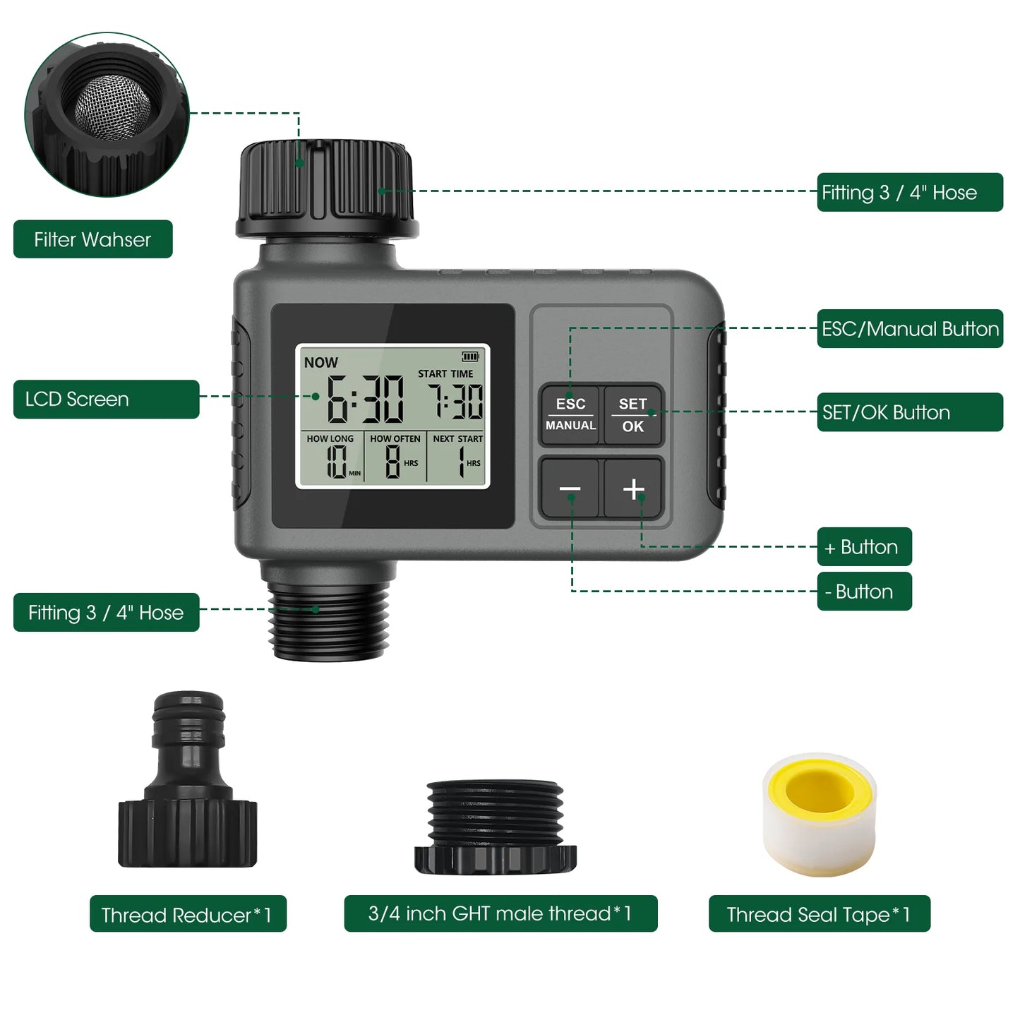Automatic Garden Water Timer Automatic Irrigation Controller with Large LCD Display, Rain Delay, for Lawn, Yard
