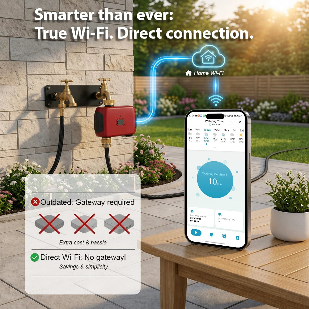 Smart WiFi Water Timer, Irrigation Controller, No Hub Required, Automatic Garden Drip Sprinkler Valve, Tuya App Control