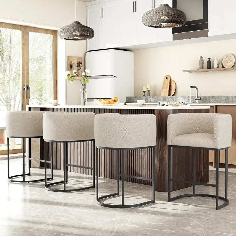 26" H Counter Height Bar Stools Modern Barrel Counter Stools with Backrest and Arms, Linen Fabric Upholstered Accent Barstools