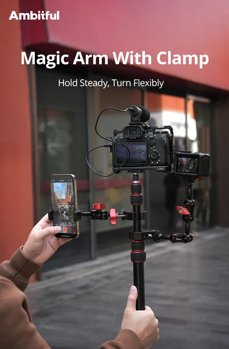 AMBITFUL 360° Double Ballhead Magic Arm With Super Clamp Kit 1/4" Screw Ball Head Adapter For Monitor LED Light Camera
