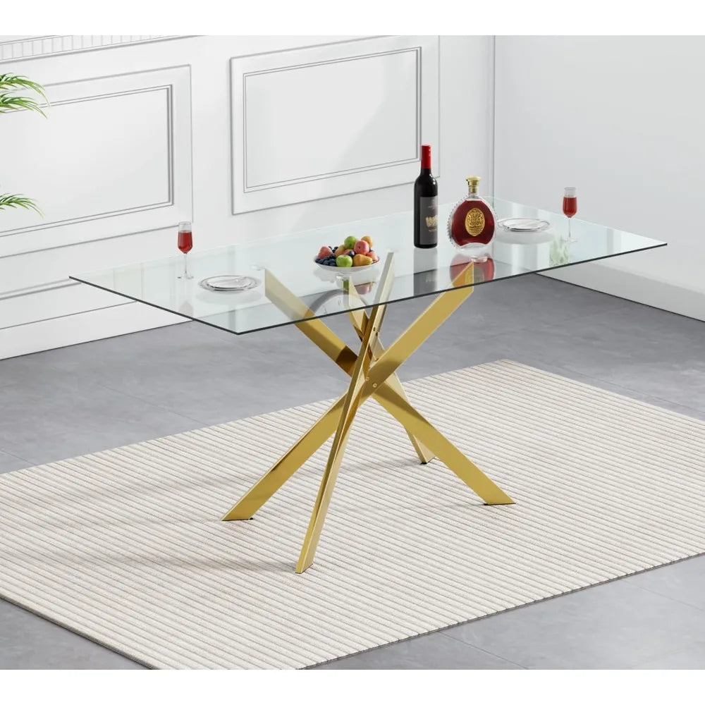 Modern Glass Dining Table for 4 with Gold Nest-Shape Metal Base Kitchen Table for Dining Room Home