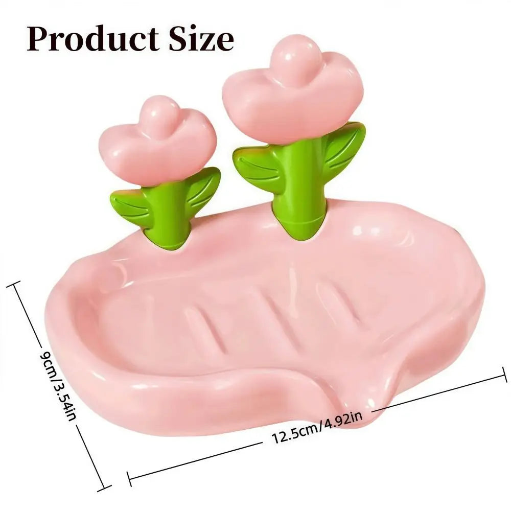 Tulip Design Drain Soap Dish No Drilling Required with Drainage Trough Soap Tray Solid Color Anti-slip Soap Storage Rack