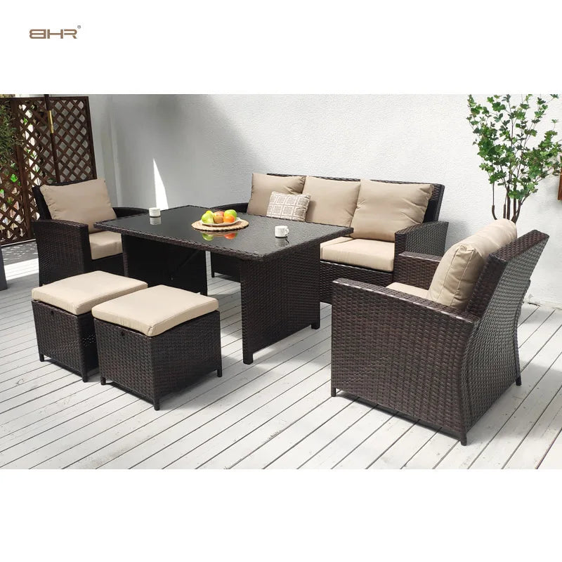 BHR High Back Comfortable Garden Sofa All Weather Garden Furniture Outdoor Rattan Dining Furniture Set Rattan Sofa for Backyard