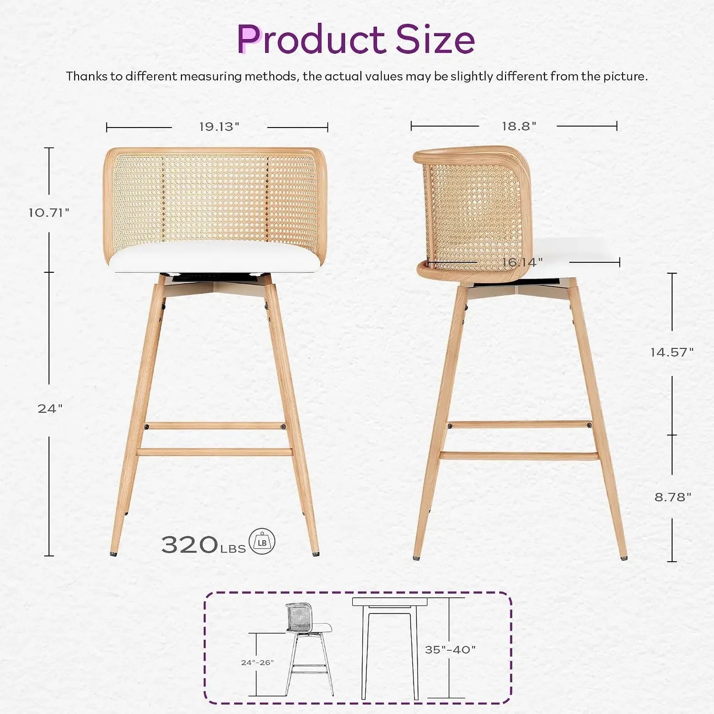 26" Swivel Rattan Bar Stools Set of 4, Counter Height Barstools, White |, Farmhouse, Mid-Century Modern, Natural, Rattan Woven