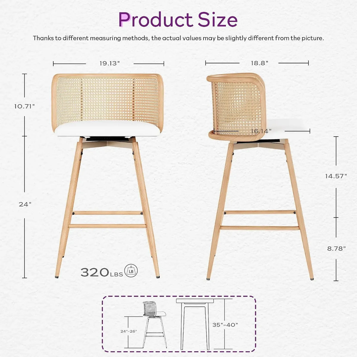 26" Swivel Rattan Bar Stools Set of 4, Counter Height Barstools, White |, Farmhouse, Mid-Century Modern, Natural, Rattan Woven