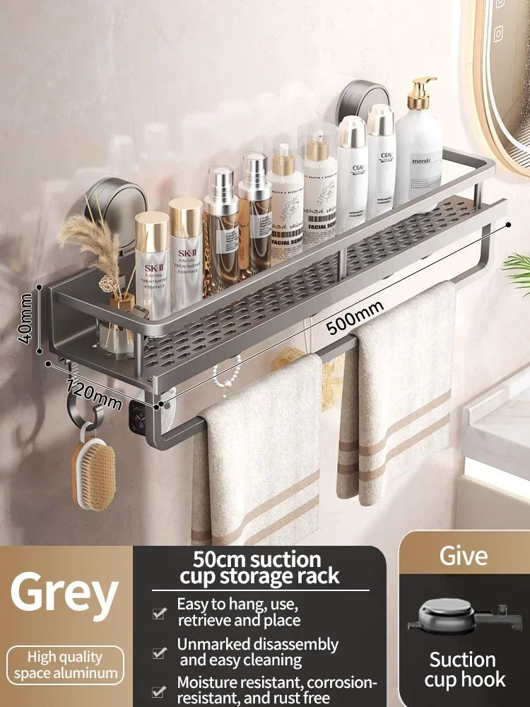 No Drill Bathroom Shelf with Suction Cup Waterproof Aluminum Storage Rack Shower Organizer for Shampoo Soap Toiletries