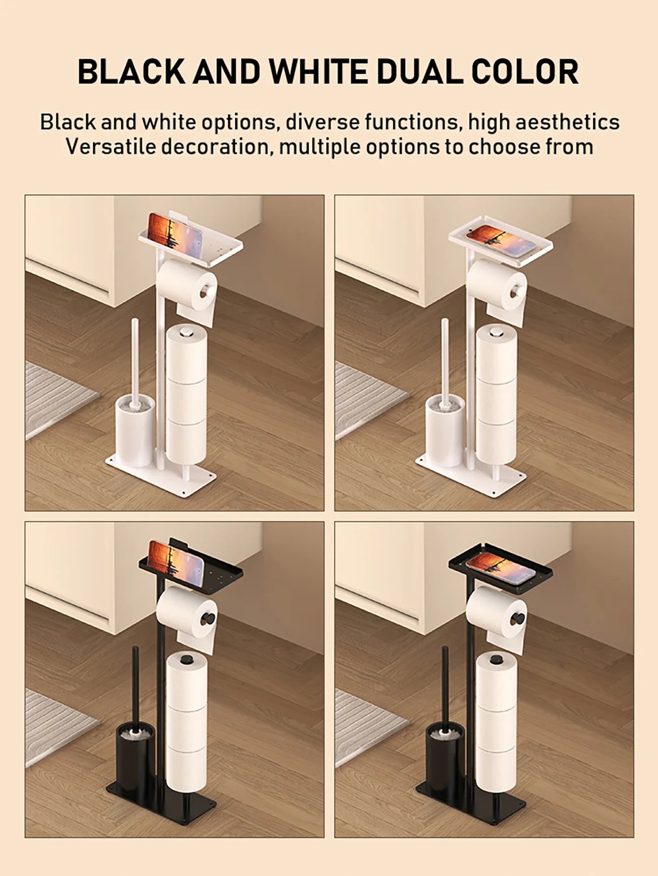 Floor-standing Tissue Holder Vertical Movable Toilet Paper Storage Rack Nail-Free Toilet Brush Holder Roll Paper Holder Bathroom