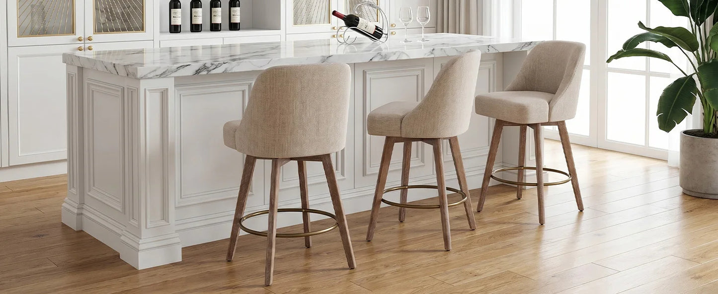 Bekrvio Counter Height Bar Stools Set of 3, Modern Mid-Century Swivel Barstools with Backs and Wood Legs, Linen Fabric