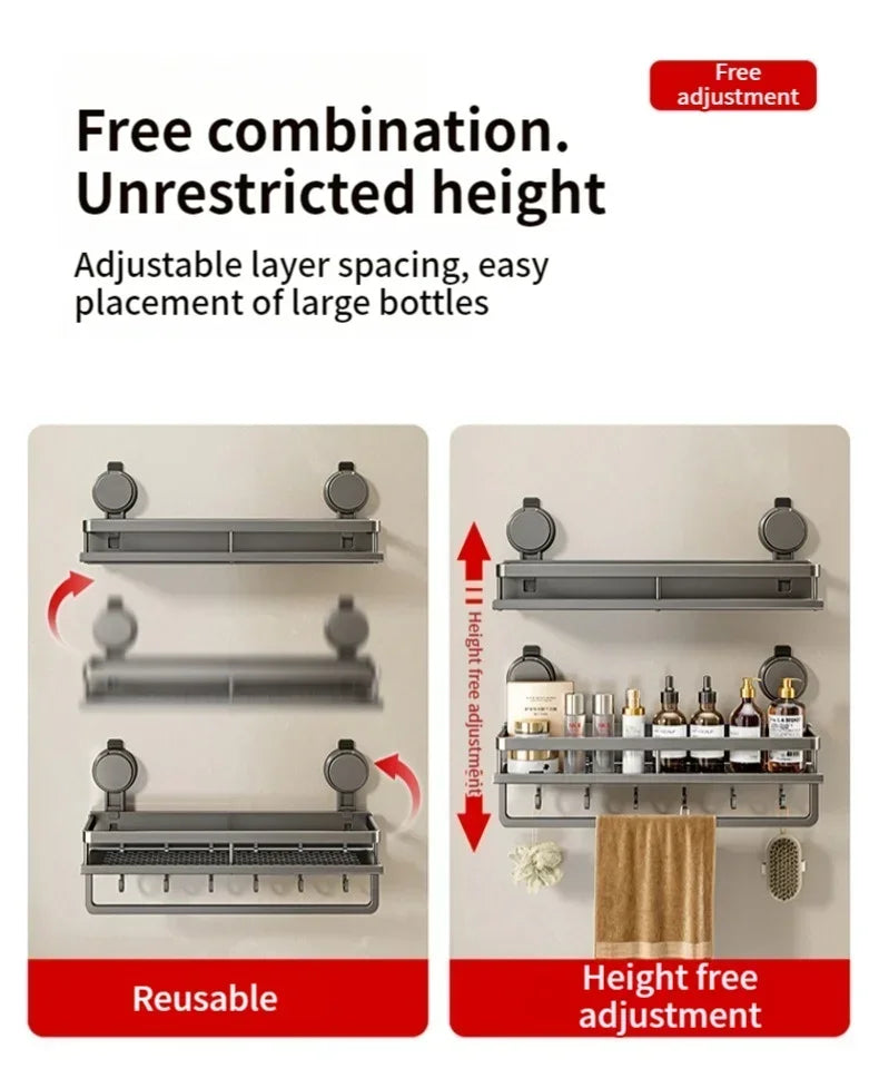 No Drill Bathroom Shelf with Suction Cup Waterproof Aluminum Storage Rack Shower Organizer for Shampoo Soap Toiletries
