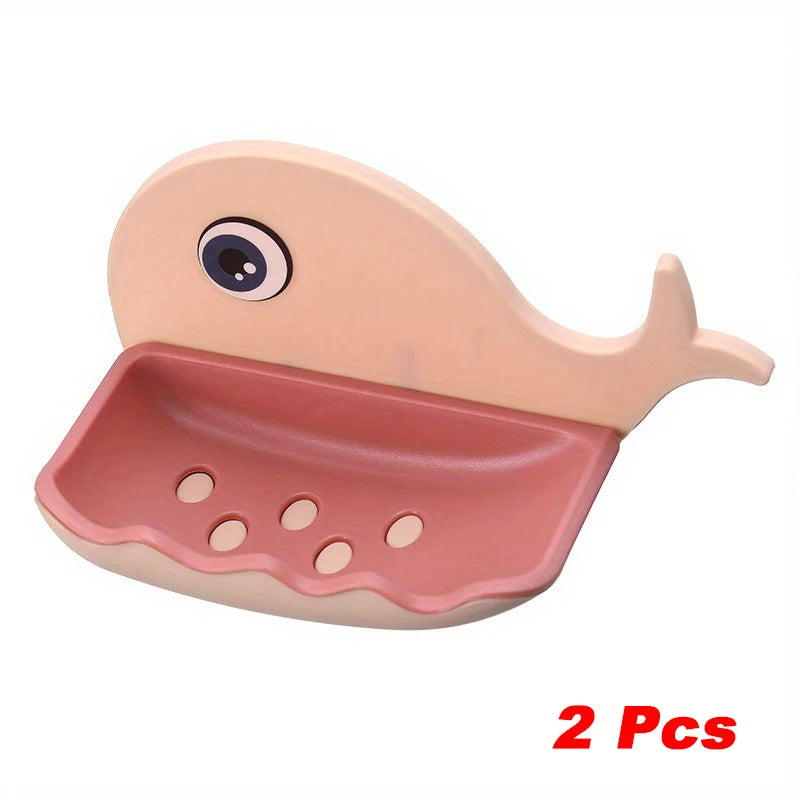 2 Pcs No-Drill Adhesive Soap Dish, Creative Whale-Shaped Soap Holder with Drainage for Bathroom & Showera