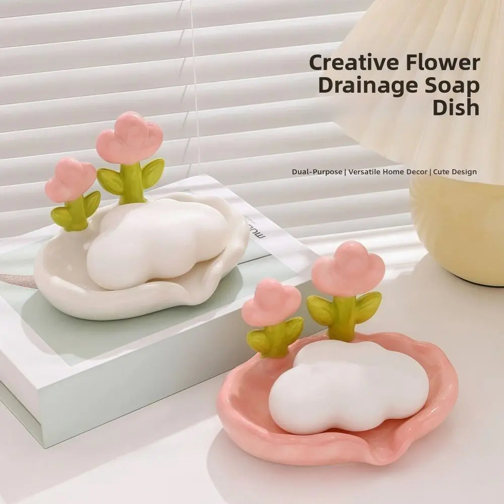 Tulip Design Drain Soap Dish No Drilling Required with Drainage Trough Soap Tray Solid Color Anti-slip Soap Storage Rack