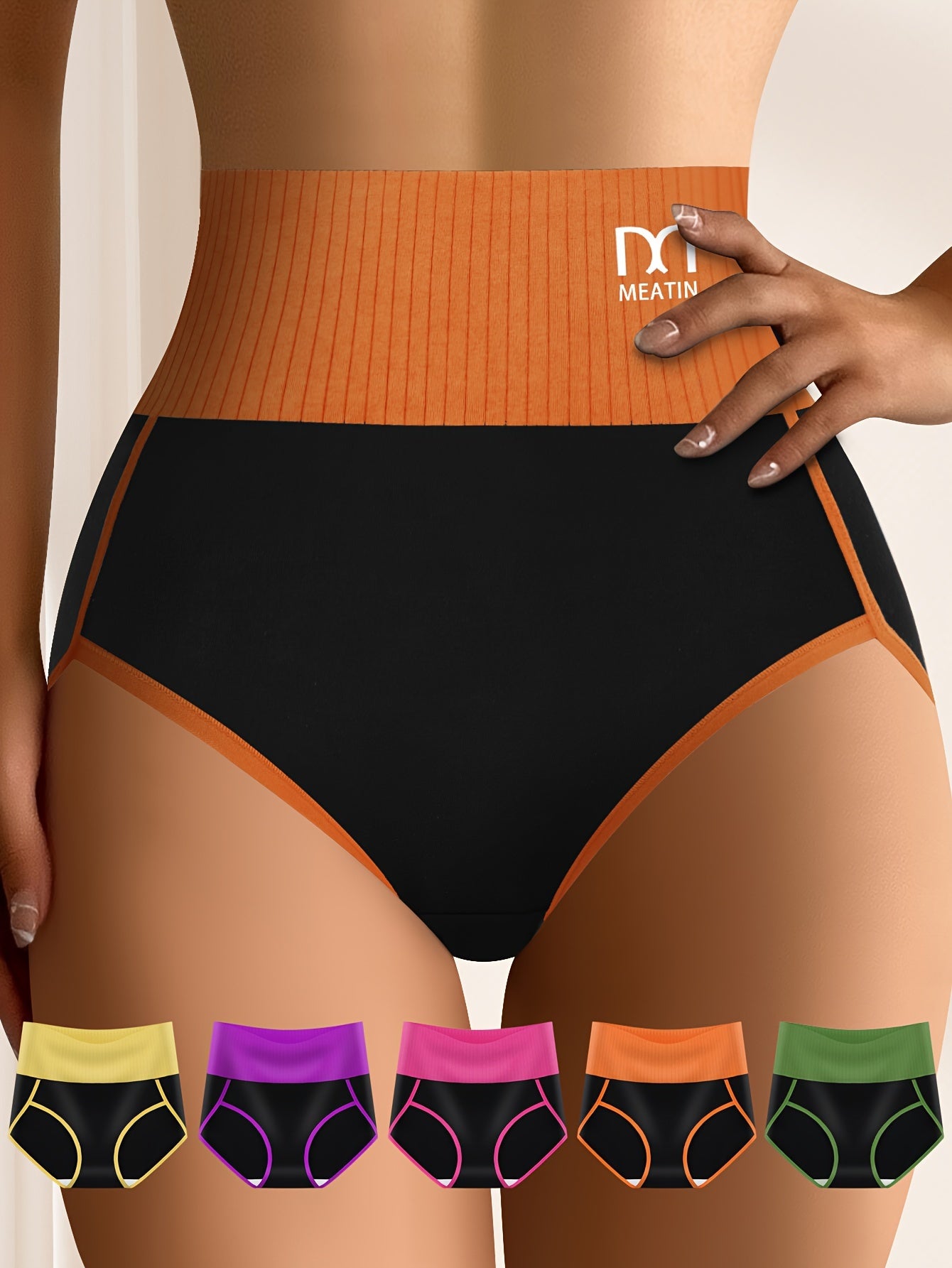 QUASTI 5 Pieces Women's Clashing Stripes Breathable Comfort Fit Women's High Waisted Panties Elastic Soft Hip Wrap High Waisted Thigh Panties And Women's High Waisted Sports Fashion Panties