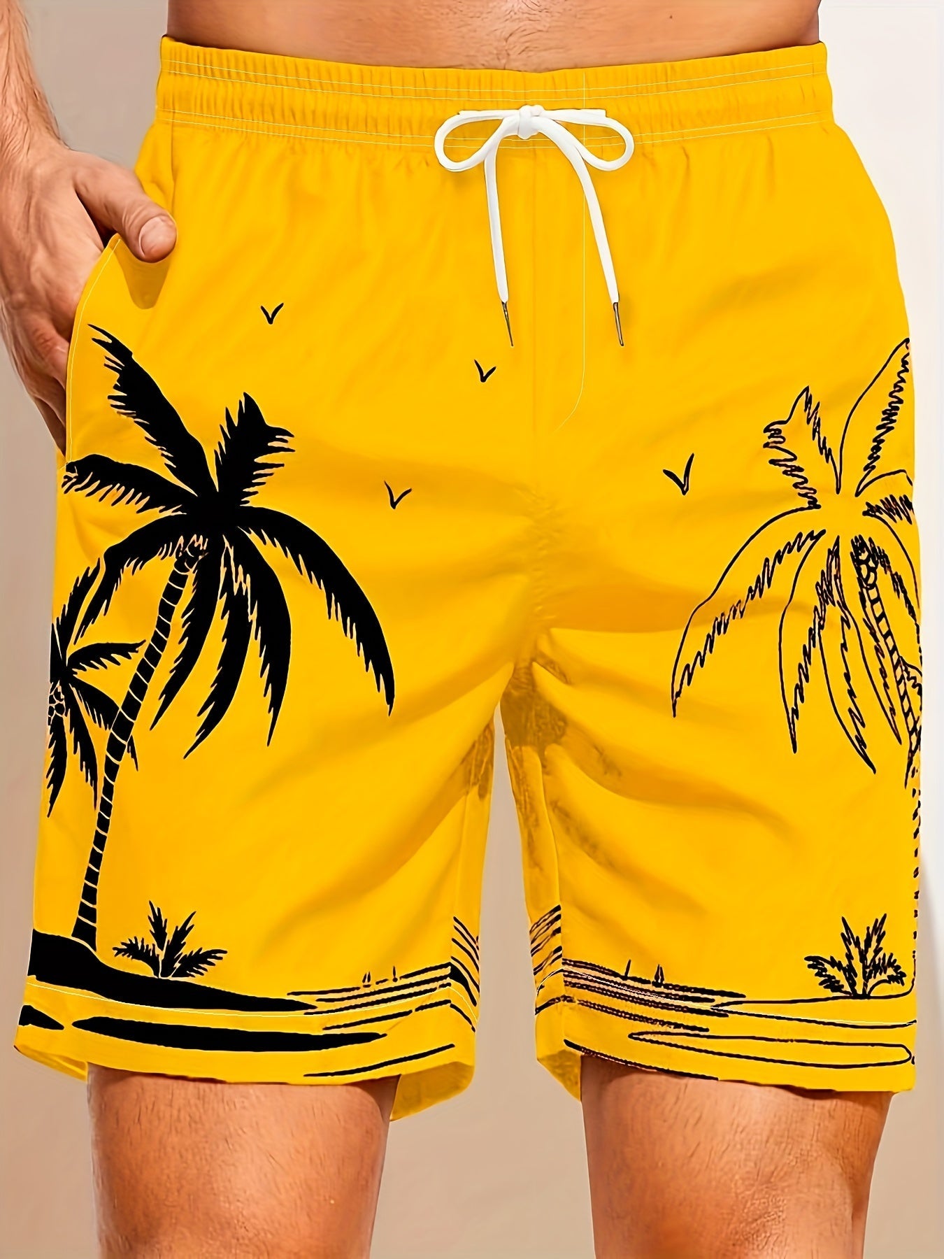 Quick Drying Mesh Lining Comfortable Breathable Palm Tree Pattern Drawstring Swim Trunks With 2 Pockets, Men's Pants Swimwear For Summer Vacation Resort Beach Pool WardBoyzPROShop