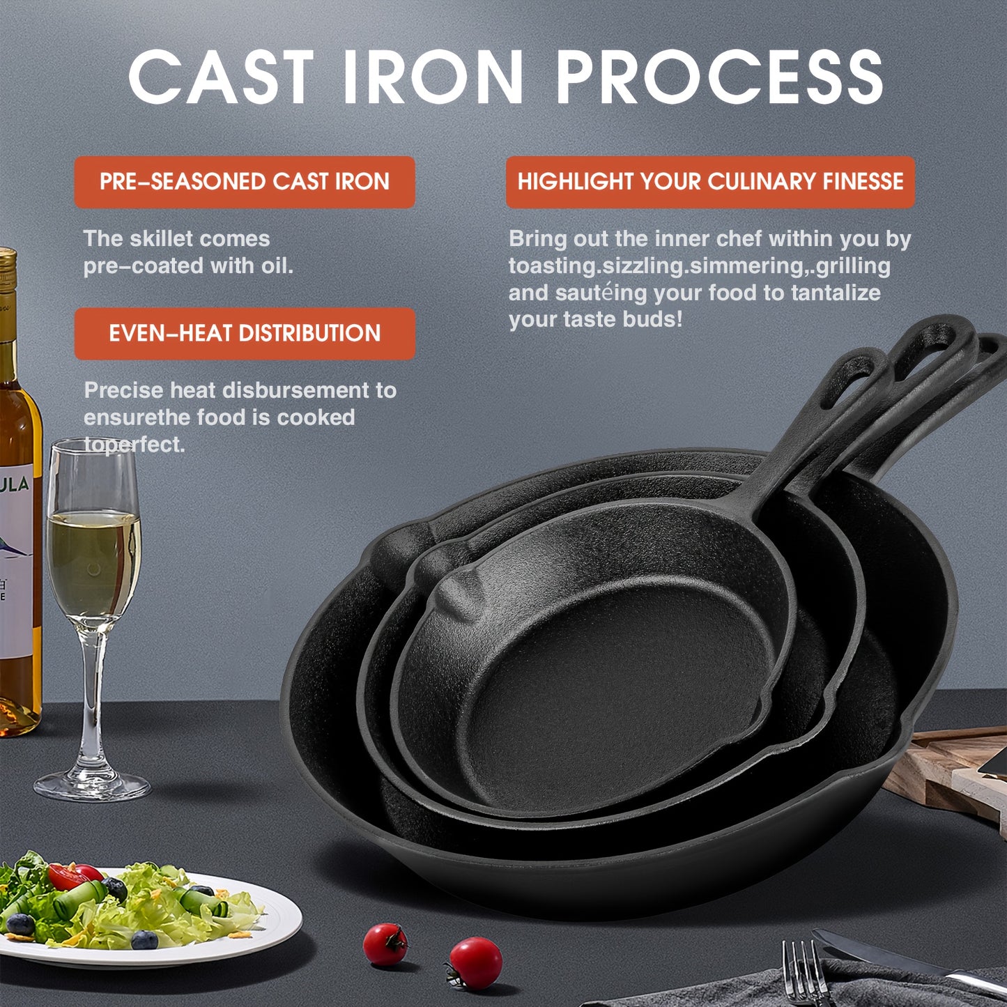 Cast Iron Skillet 3 Piece Set, Cast Iron Skillet, Frying Pan, Wok, Cast Iron Set (Black)