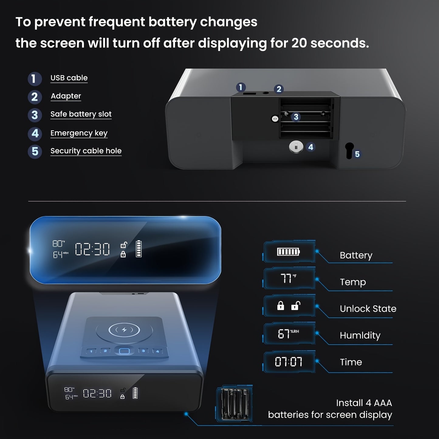 Grimtron Gun Case - Biometric Gun Safe, Grey And Black Novel Home Fingerprint Safe With LED Clock, DOJ Pistol Safe With 2-in-1 Watch And Mobile Wireless Charging, Backlit Keypad, LED Light, Safety Cable, Automatic Epop Unlock