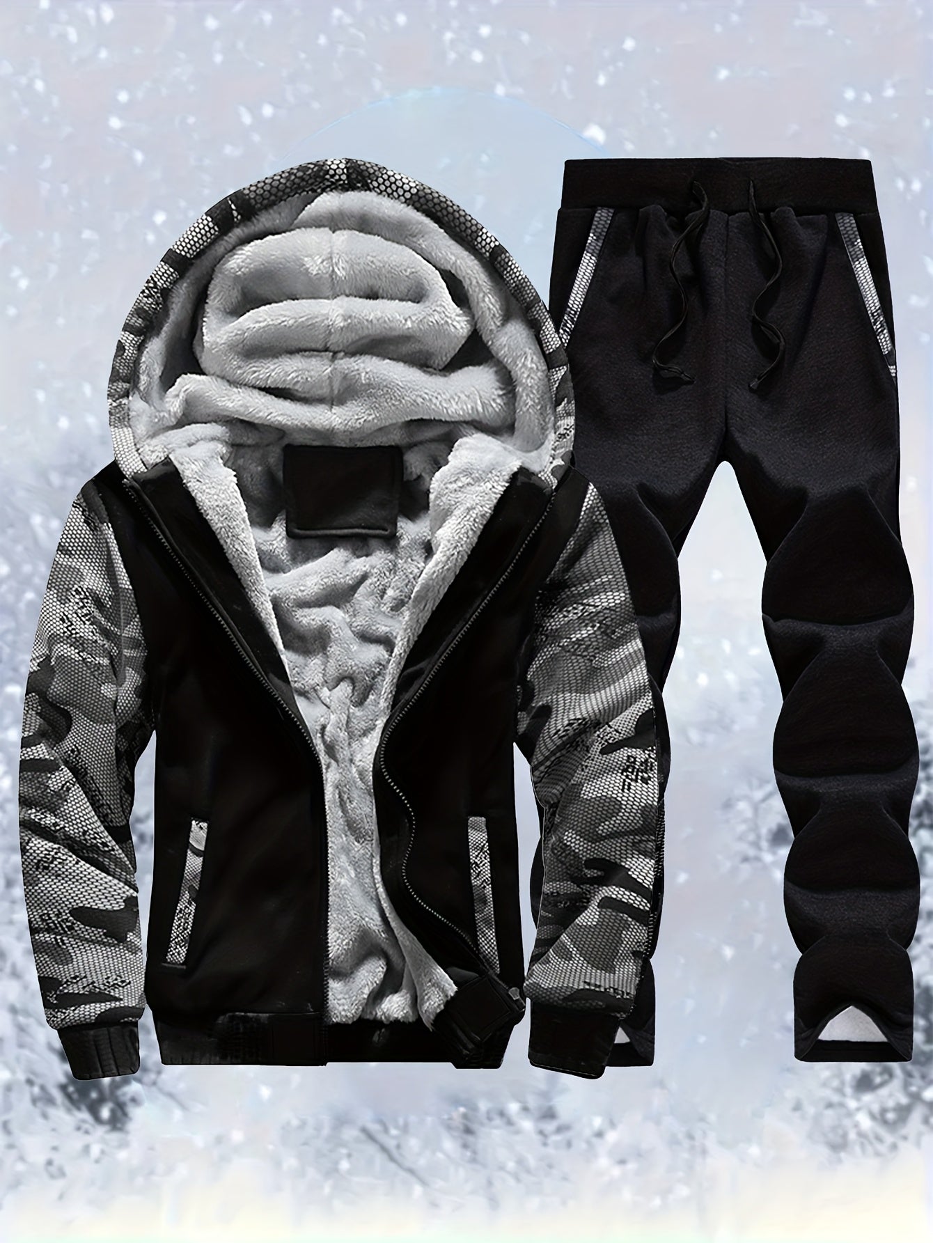 2 Pieces Men's Thermal Fleece-Lined Camo Zipper Hooded Jacket & Drawstring Pants Set for Autumn and Winter Daily Wear