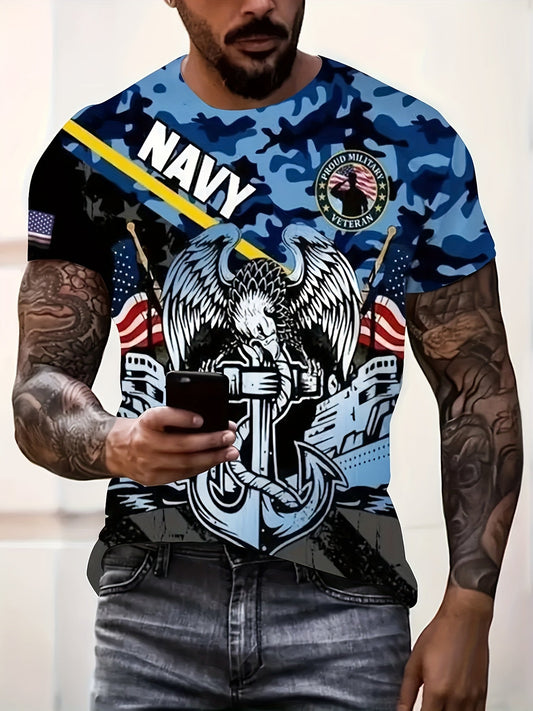 Men's Casual Camouflage T-Shirt - Patriotic Navy Eagle Graphic Tee, Short Sleeve, Crew Neck, Military Inspired Streetwear - Blue Camo Print - For Men - Suitable for Casual Wear - Perfect Gift for Fathers Day WardBoyzPROShop