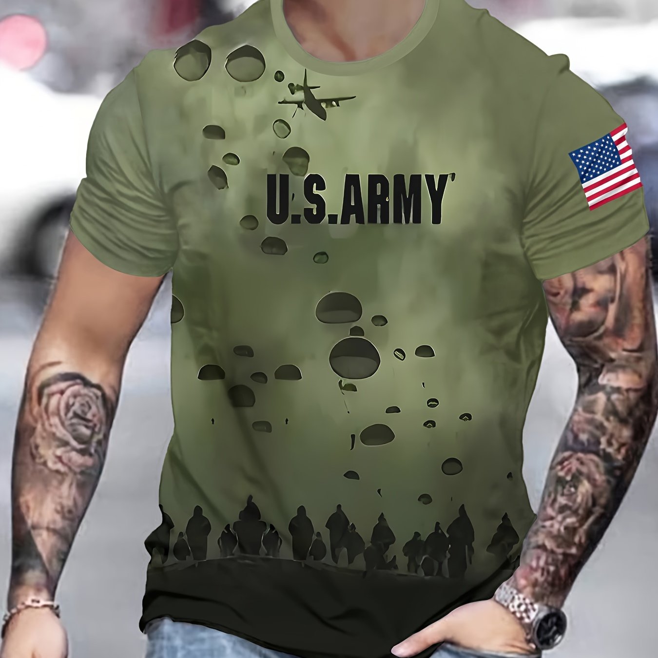 Polyester 3D Printed Men's Casual T-Shirt with American Flag Patch - U.S. Army Themed, Round Neck, Regular Fit WardBoyzPROShop